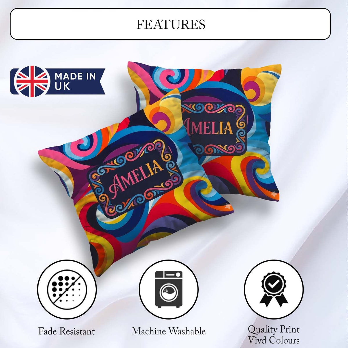 Custom Name Abstract Spiral Swirl Psychedelic Seamless Name Cute Square Filled Cushion Throw Pillow Sofa Bed Home Decor Zip Washable UK Made