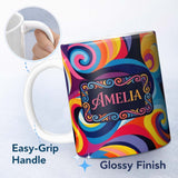Personalized Custom Name Abstract Spiral Swirl Psychedelic Seamless Pattern Name Cute Unique 11oz Ceramic Coffee Tea Mug White Large Handle
