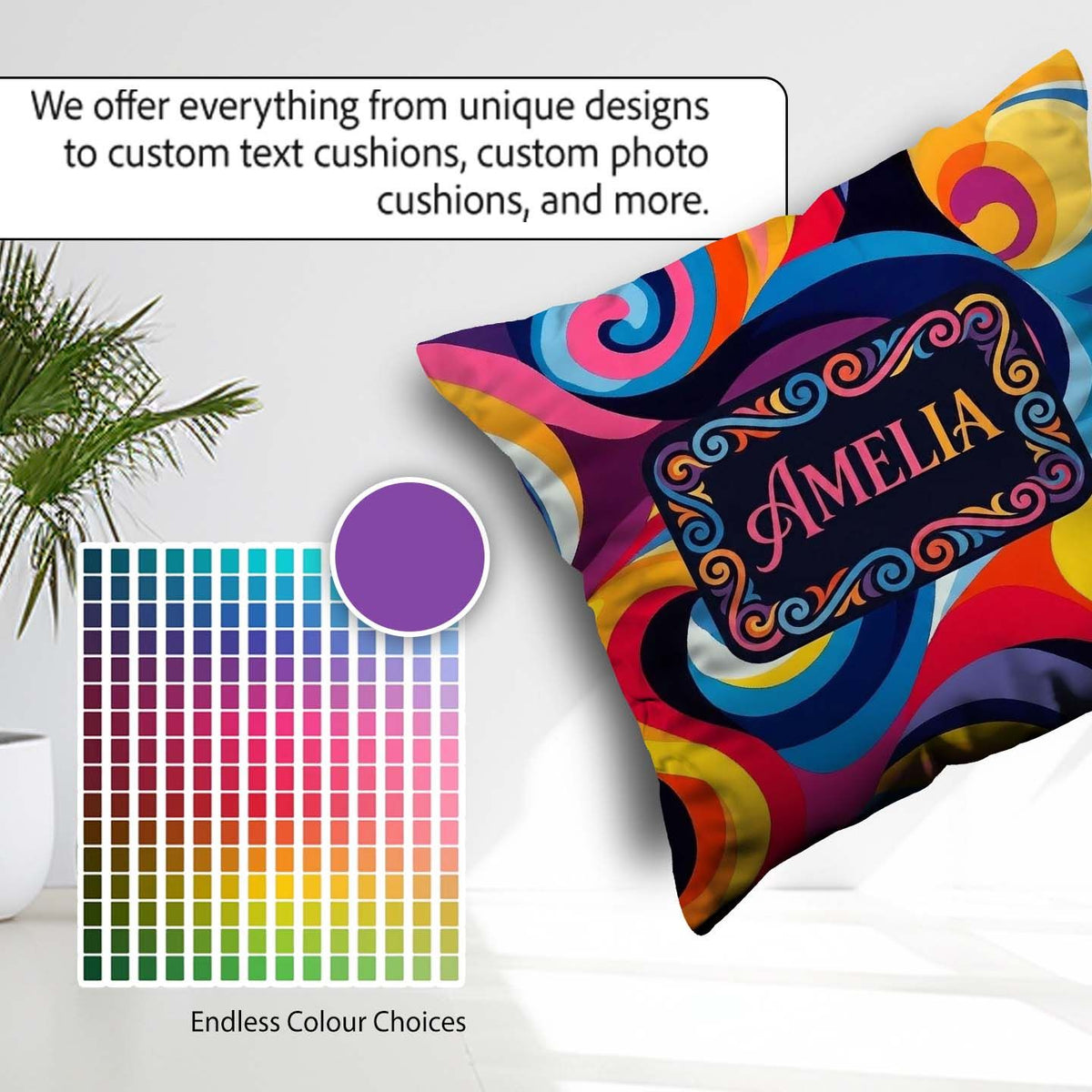 Custom Name Abstract Spiral Swirl Psychedelic Seamless Name Cute Square Filled Cushion Throw Pillow Sofa Bed Home Decor Zip Washable UK Made