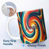 Personalized Custom Name Abstract Spiral Wave Swirl Colorful Seamless Pattern Name Cute 11oz Ceramic Coffee Tea Mug White Large Handle