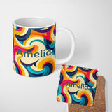 Personalized Custom Name Abstract Vibrant Flowing Curves Swirl Seamless Pattern Name Cute 11oz Ceramic Coffee Tea Mug White Large Handle