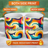Personalized Custom Name Abstract Vibrant Flowing Curves Swirl Seamless Pattern Name Cute 11oz Ceramic Coffee Tea Mug White Large Handle