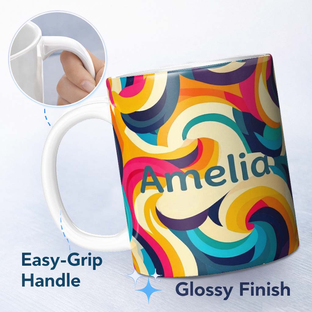 Personalized Custom Name Abstract Vibrant Flowing Curves Swirl Seamless Pattern Name Cute 11oz Ceramic Coffee Tea Mug White Large Handle