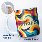 Personalized Custom Name Abstract Vibrant Flowing Curves Swirl Seamless Pattern Name Cute 11oz Ceramic Coffee Tea Mug White Large Handle