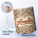 Personalized Custom Name Mid Century Modern Abstract Camera Seamless Pattern Orange Cream 11oz Ceramic Coffee Tea Mug White Large Handle