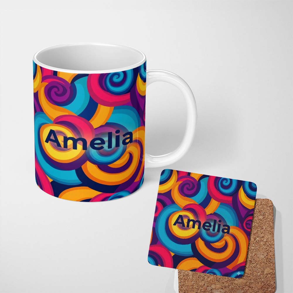 Personalized Custom Name Abstract Psychedelic Spiral Curl Bold Color Seamless Pattern Name 11oz Ceramic Coffee Tea Mug White Large Handle