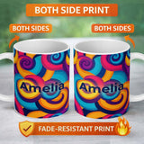 Personalized Custom Name Abstract Psychedelic Spiral Curl Bold Color Seamless Pattern Name 11oz Ceramic Coffee Tea Mug White Large Handle