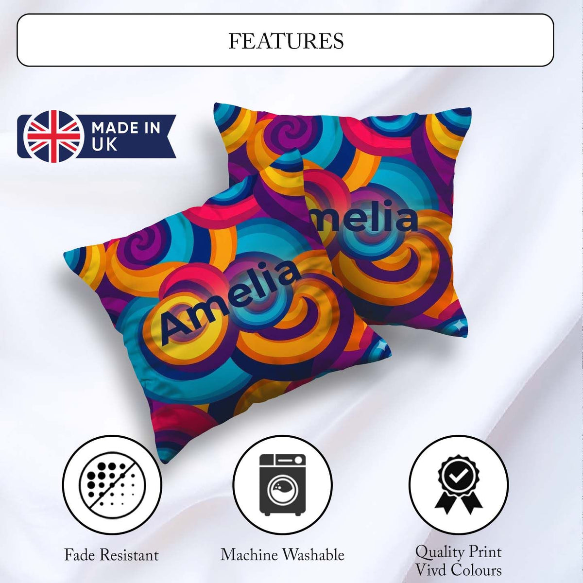 Custom Name Abstract Psychedelic Spiral Curl Bold Color Seamless Square Filled Cushion Throw Pillow Sofa Bed Home Decor Zip Washable UK Made