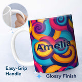 Personalized Custom Name Abstract Psychedelic Spiral Curl Bold Color Seamless Pattern Name 11oz Ceramic Coffee Tea Mug White Large Handle