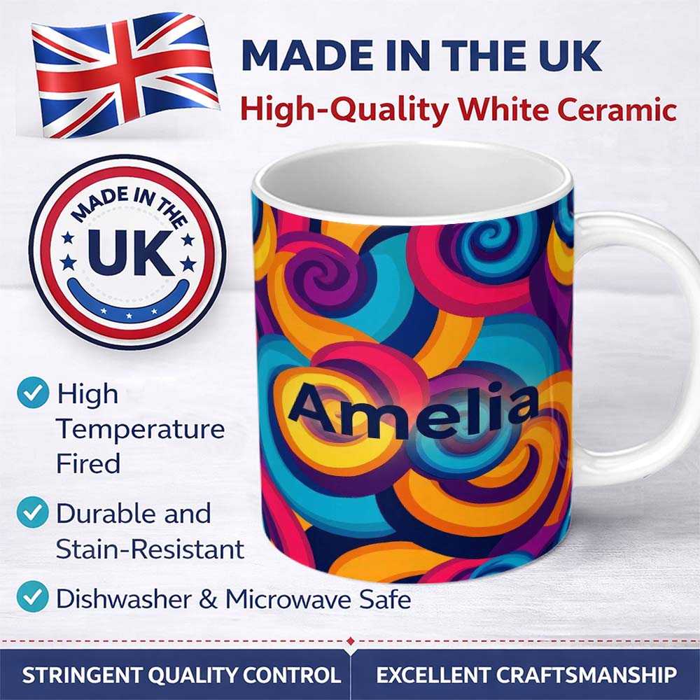 Personalized Custom Name Abstract Psychedelic Spiral Curl Bold Color Seamless Pattern Name 11oz Ceramic Coffee Tea Mug White Large Handle