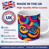 Personalized Custom Name Abstract Psychedelic Spiral Curl Bold Color Seamless Pattern Name 11oz Ceramic Coffee Tea Mug White Large Handle
