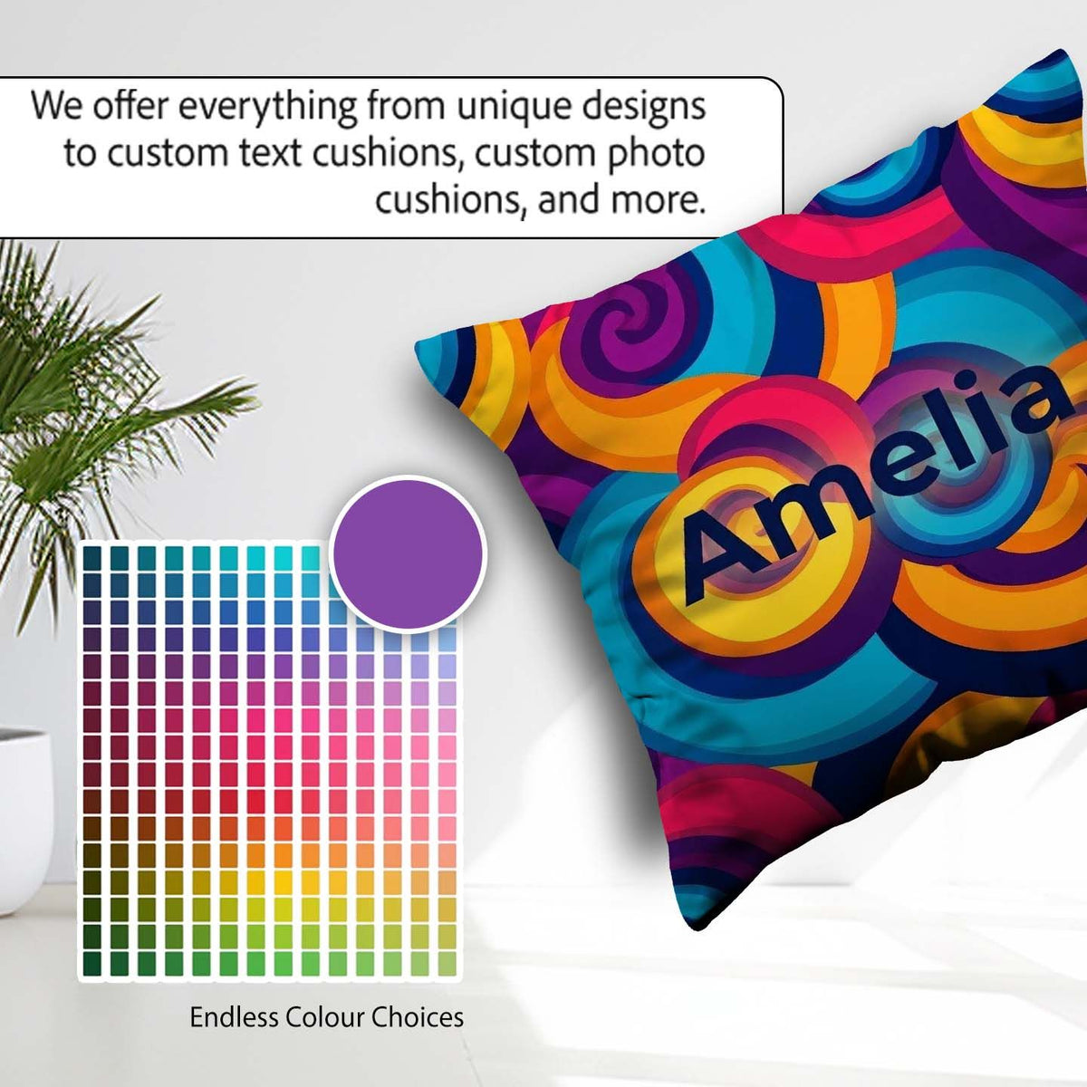 Custom Name Abstract Psychedelic Spiral Curl Bold Color Seamless Square Filled Cushion Throw Pillow Sofa Bed Home Decor Zip Washable UK Made