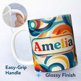 Personalized Custom Name Abstract Circular Swirl Rings Colorful Seamless Pattern Name Cute 11oz Ceramic Coffee Tea Mug White Large Handle