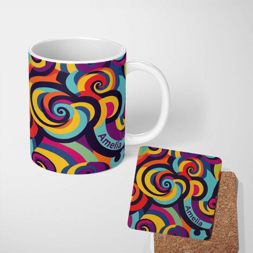 Personalized Custom Name Abstract Bold Curvy Wave Swirl Color Seamless Pattern Name Cute 11oz Ceramic Coffee Tea Mug White Large Handle