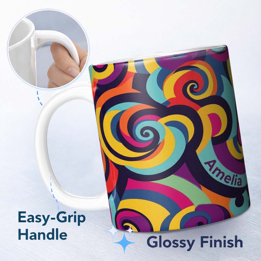 Personalized Custom Name Abstract Bold Curvy Wave Swirl Color Seamless Pattern Name Cute 11oz Ceramic Coffee Tea Mug White Large Handle