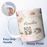 Personalized Custom Name Cute Woodland Hedgehog Mushrooms Leaves Seamless Pattern Soft Blush 11oz Ceramic Coffee Tea Mug White Large Handle