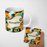 Personalized Custom Name Abstract Modern Fluid Curl Shapes Vibrant Seamless Pattern Name Cute 11oz Ceramic Coffee Tea Mug White Large Handle
