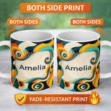 Personalized Custom Name Abstract Modern Fluid Curl Shapes Vibrant Seamless Pattern Name Cute 11oz Ceramic Coffee Tea Mug White Large Handle