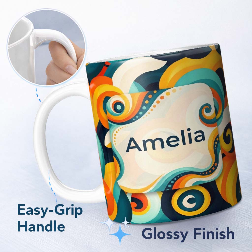 Personalized Custom Name Abstract Modern Fluid Curl Shapes Vibrant Seamless Pattern Name Cute 11oz Ceramic Coffee Tea Mug White Large Handle