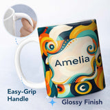 Personalized Custom Name Abstract Modern Fluid Curl Shapes Vibrant Seamless Pattern Name Cute 11oz Ceramic Coffee Tea Mug White Large Handle