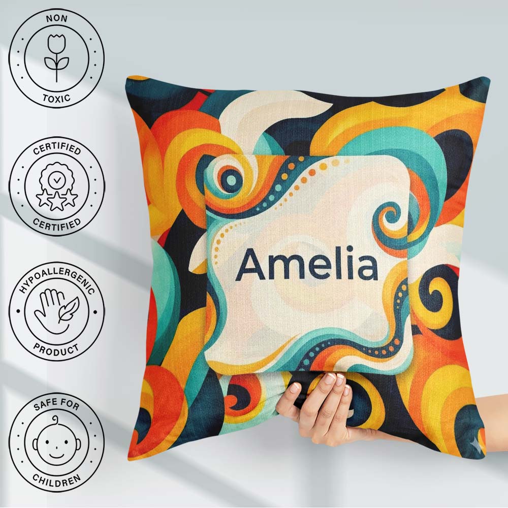 Custom Name Abstract Modern Fluid Curl Shapes Seamless Name Cute Square Filled Cushion Throw Pillow Sofa Bed Home Decor Zip Washable UK Made