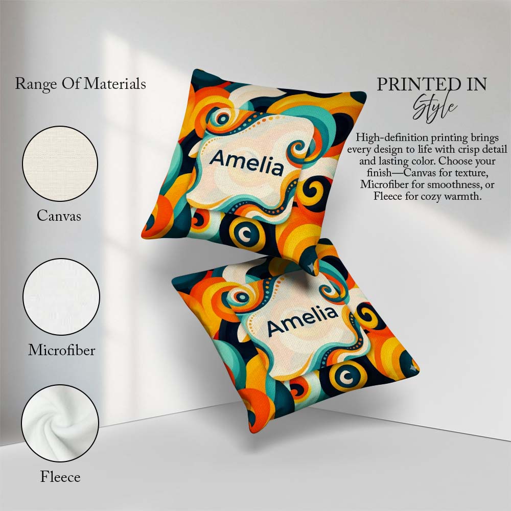Custom Name Abstract Modern Fluid Curl Shapes Seamless Name Cute Square Filled Cushion Throw Pillow Sofa Bed Home Decor Zip Washable UK Made