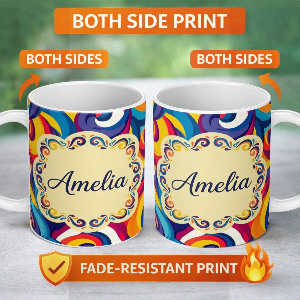 Personalized Custom Name Abstract Colorful Spiral Motion Wave Seamless Pattern Name Cute 11oz Ceramic Coffee Tea Mug White Large Handle