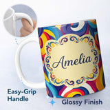 Personalized Custom Name Abstract Colorful Spiral Motion Wave Seamless Pattern Name Cute 11oz Ceramic Coffee Tea Mug White Large Handle