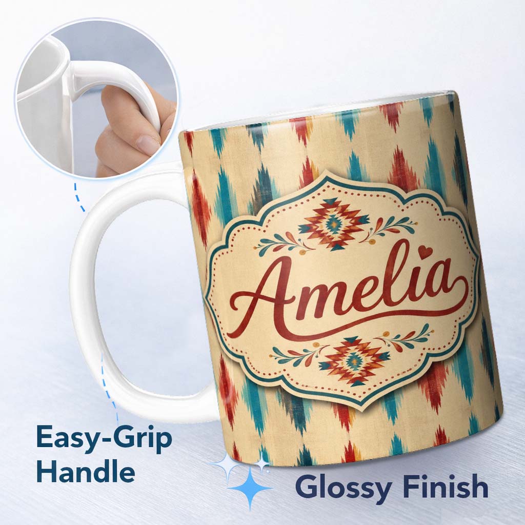 Personalized Custom Name Southwestern Diamond Ikat Pattern in Earthy Tones Seamless Pattern 11oz Ceramic Coffee Tea Mug White Large Handle