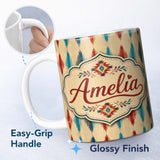 Personalized Custom Name Southwestern Diamond Ikat Pattern in Earthy Tones Seamless Pattern 11oz Ceramic Coffee Tea Mug White Large Handle