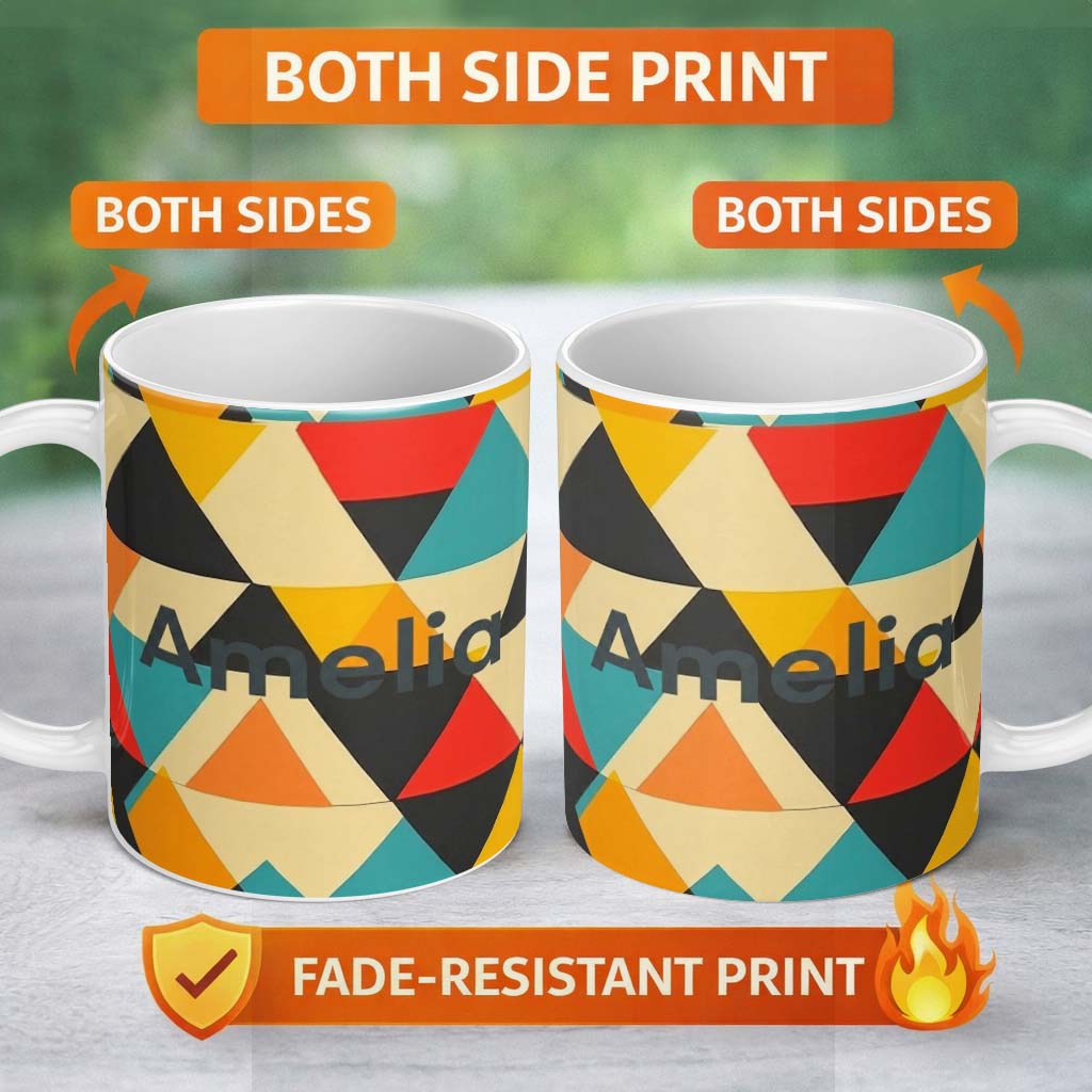 Personalized Custom Name Abstract Geometric Triangle Patchwork Seamless Pattern Name Cute 11oz Ceramic Coffee Tea Mug White Large Handle