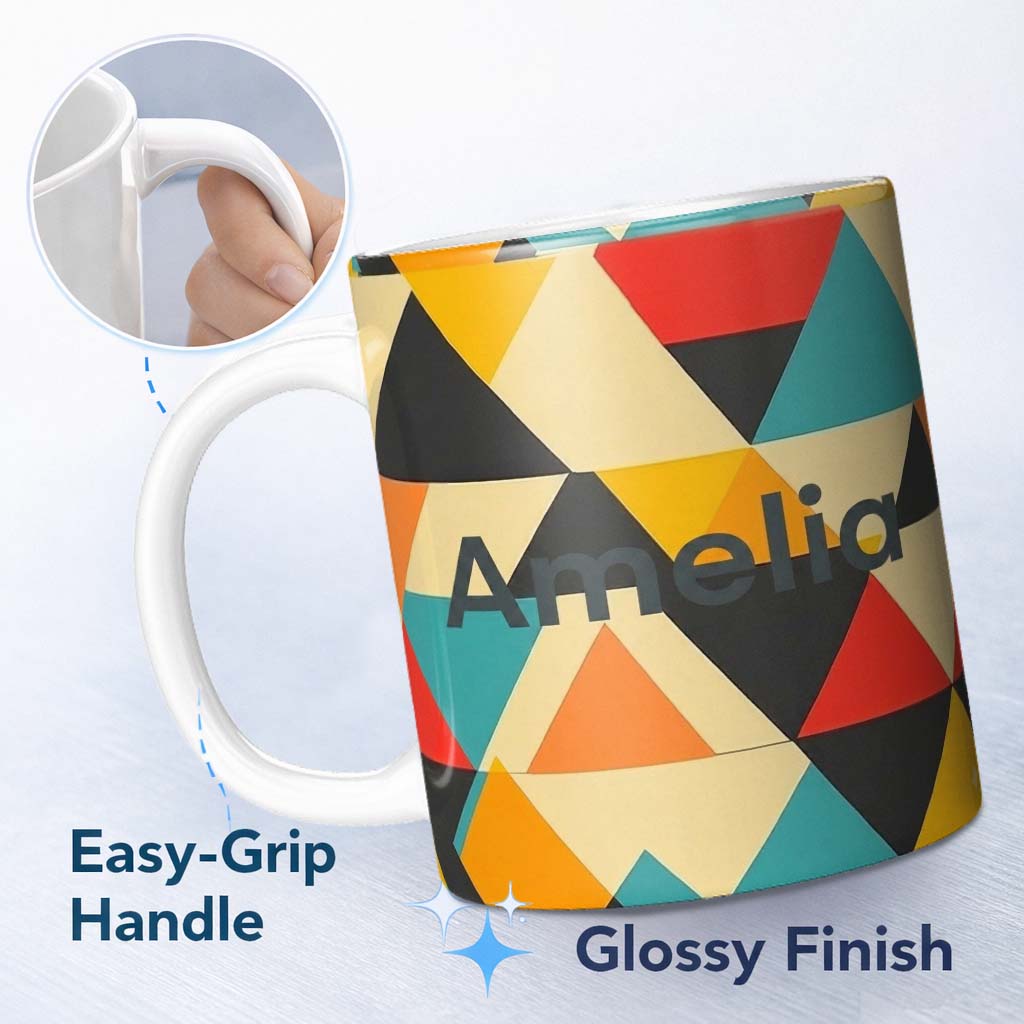 Personalized Custom Name Abstract Geometric Triangle Patchwork Seamless Pattern Name Cute 11oz Ceramic Coffee Tea Mug White Large Handle