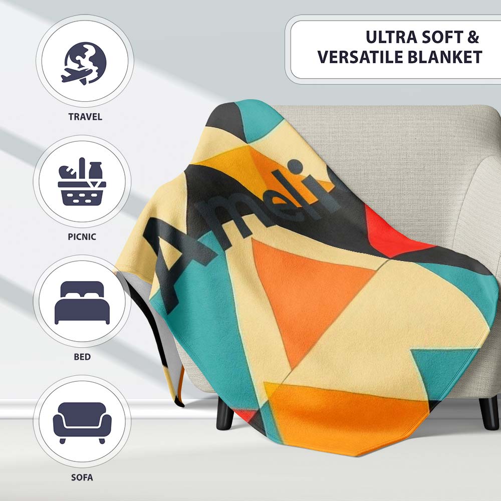Abstract Geometric Triangle Patchwork Seamless Pattern Name Cute  Personalised Custom Name Super Soft Fleece Blanket Bed Sofa Throw