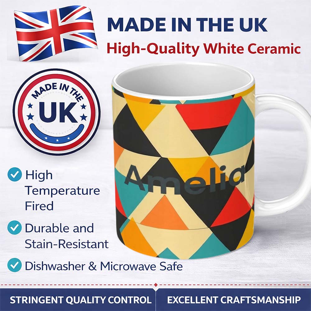 Personalized Custom Name Abstract Geometric Triangle Patchwork Seamless Pattern Name Cute 11oz Ceramic Coffee Tea Mug White Large Handle