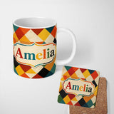 Personalized Custom Name Abstract Geometric Diamond Shapes Color Seamless Pattern Name Cute 11oz Ceramic Coffee Tea Mug White Large Handle