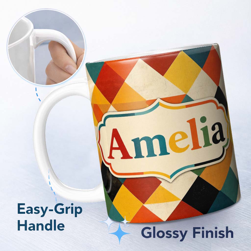Personalized Custom Name Abstract Geometric Diamond Shapes Color Seamless Pattern Name Cute 11oz Ceramic Coffee Tea Mug White Large Handle