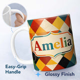Personalized Custom Name Abstract Geometric Diamond Shapes Color Seamless Pattern Name Cute 11oz Ceramic Coffee Tea Mug White Large Handle
