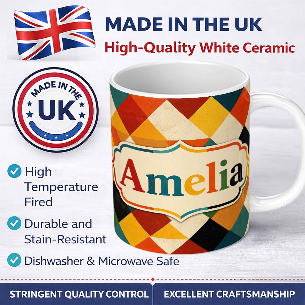 Personalized Custom Name Abstract Geometric Diamond Shapes Color Seamless Pattern Name Cute 11oz Ceramic Coffee Tea Mug White Large Handle