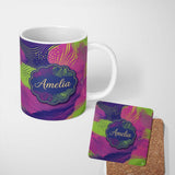 Personalized Custom Name Abstract Neon Wave Lines Dotted Texture Vibrant Seamless Pattern 11oz Ceramic Coffee Tea Mug White Large Handle