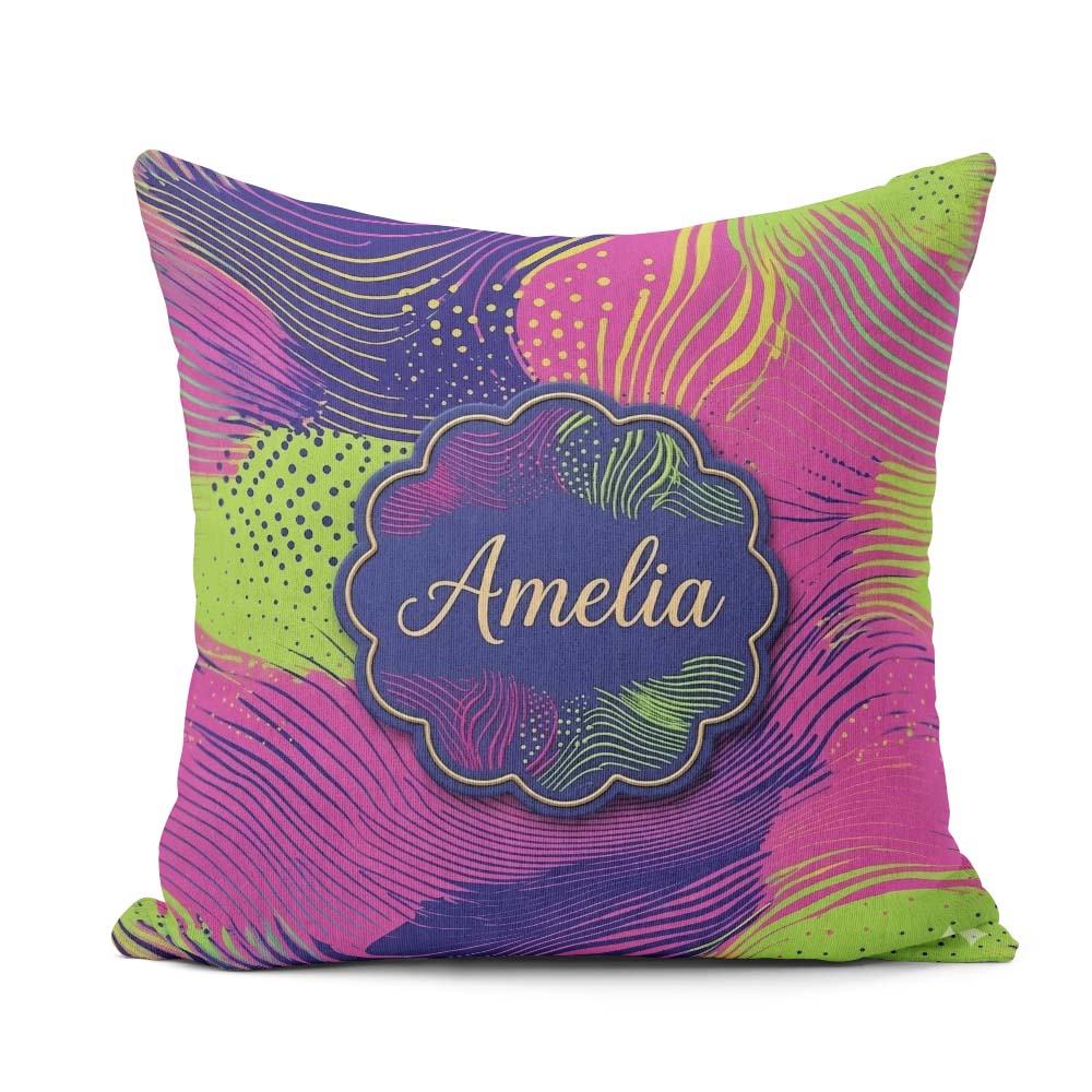 Custom Name Abstract Neon Lines Texture Vibrant Seamless Pattern Square Filled Cushion Throw Pillow Sofa Bed Home Decor Zip Washable UK Made