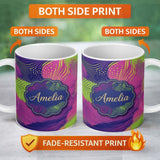 Personalized Custom Name Abstract Neon Wave Lines Dotted Texture Vibrant Seamless Pattern 11oz Ceramic Coffee Tea Mug White Large Handle