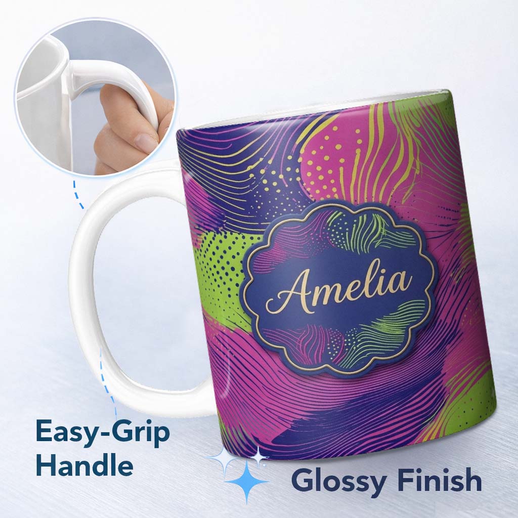 Personalized Custom Name Abstract Neon Wave Lines Dotted Texture Vibrant Seamless Pattern 11oz Ceramic Coffee Tea Mug White Large Handle