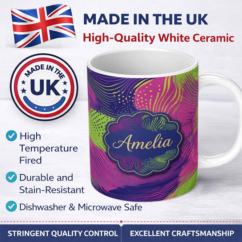 Personalized Custom Name Abstract Neon Wave Lines Dotted Texture Vibrant Seamless Pattern 11oz Ceramic Coffee Tea Mug White Large Handle