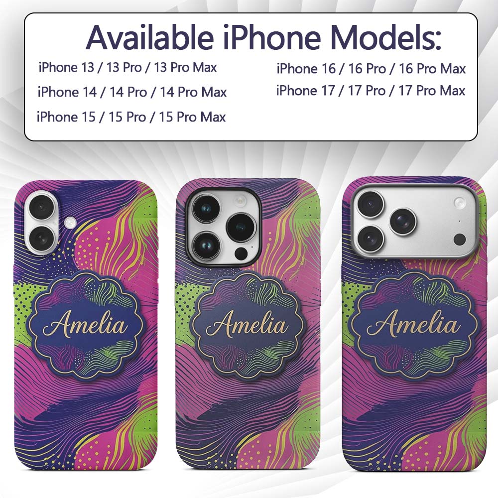 Abstract Neon Wave Lines Dotted Texture Vibrant Custom Name Protective Phone Case Mobile Cover Durable Everyday Smartphone Shock Resistant
