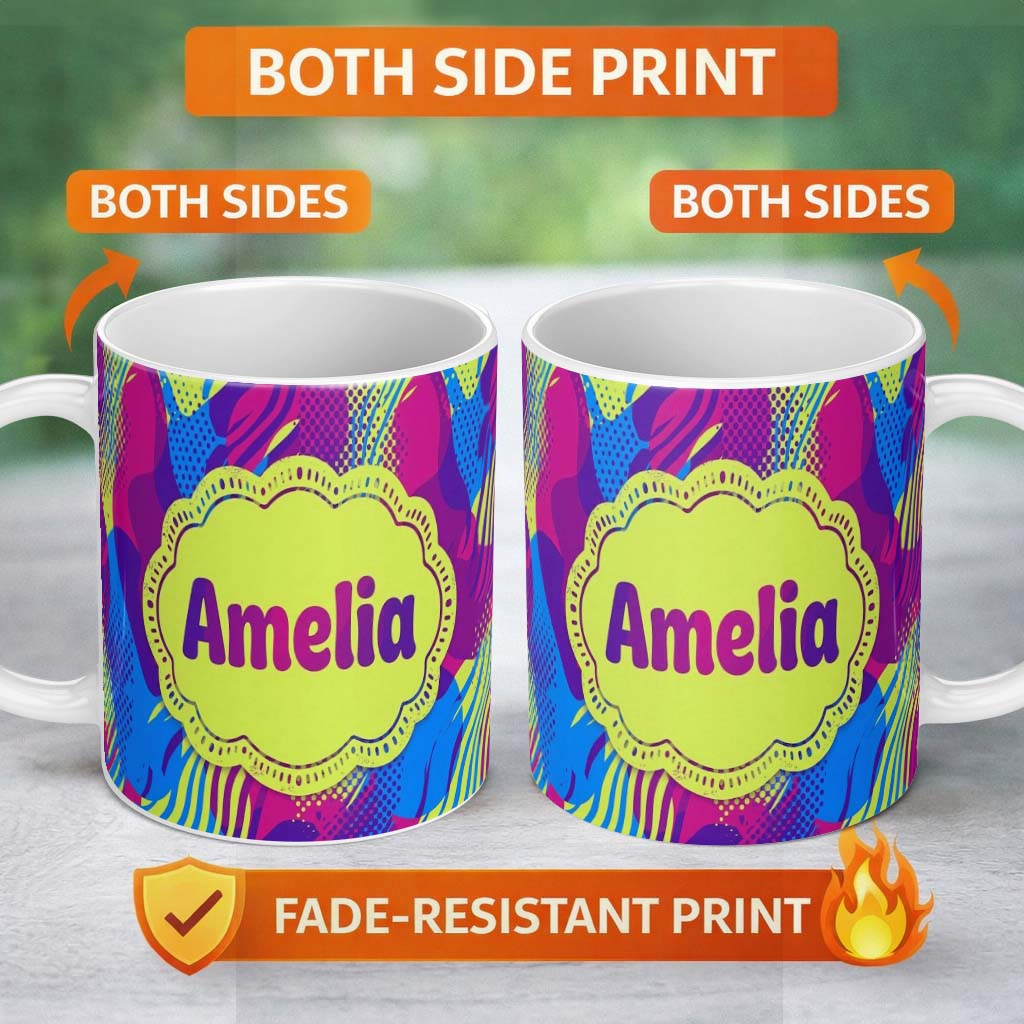 Personalized Custom Name Abstract Colorful Gradient Waves Dots Flow Seamless Pattern Name 11oz Ceramic Coffee Tea Mug White Large Handle