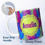 Personalized Custom Name Abstract Colorful Gradient Waves Dots Flow Seamless Pattern Name 11oz Ceramic Coffee Tea Mug White Large Handle
