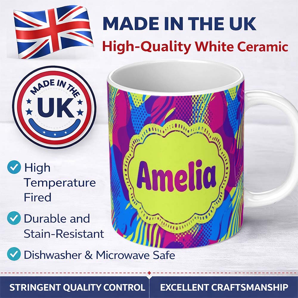 Personalized Custom Name Abstract Colorful Gradient Waves Dots Flow Seamless Pattern Name 11oz Ceramic Coffee Tea Mug White Large Handle