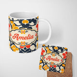 Personalized Custom Name Abstract Floral Shapes Bold Color Seamless Pattern Name Cute Unique 11oz Ceramic Coffee Tea Mug White Large Handle