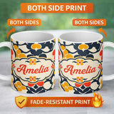 Personalized Custom Name Abstract Floral Shapes Bold Color Seamless Pattern Name Cute Unique 11oz Ceramic Coffee Tea Mug White Large Handle