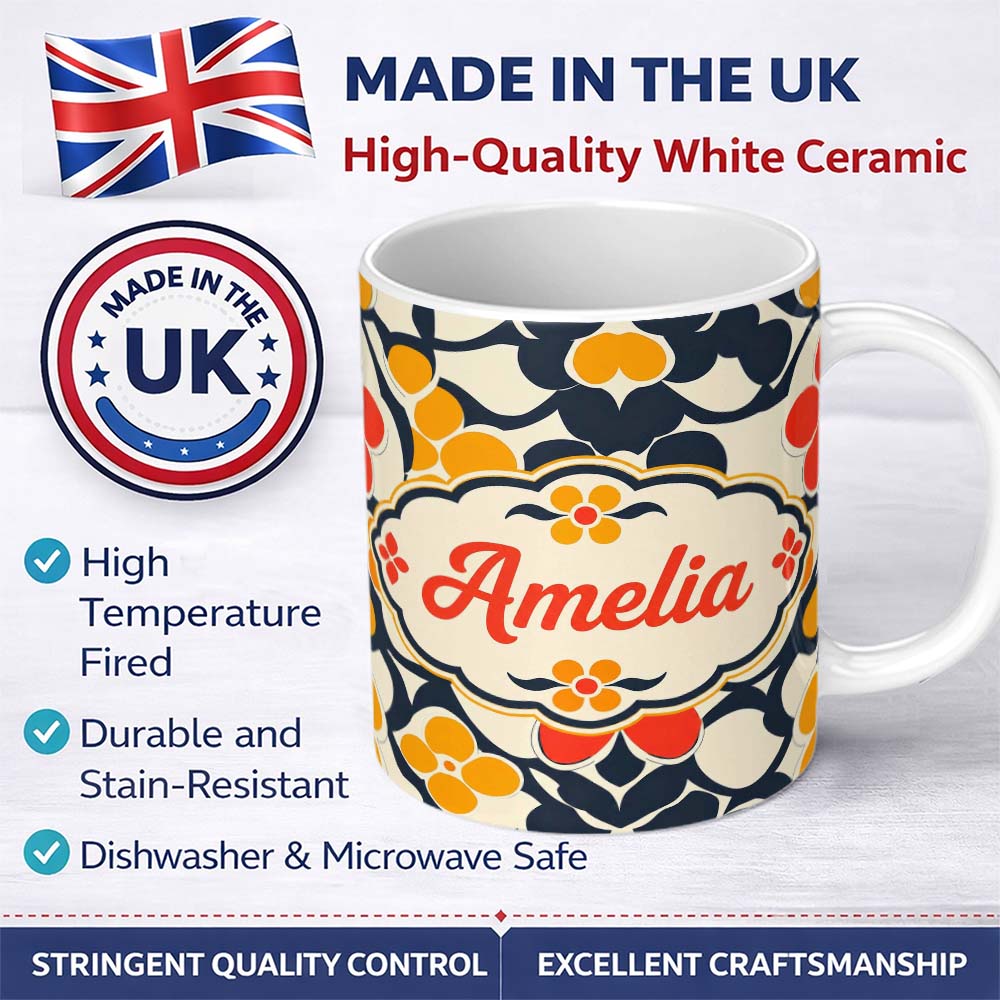 Personalized Custom Name Abstract Floral Shapes Bold Color Seamless Pattern Name Cute Unique 11oz Ceramic Coffee Tea Mug White Large Handle
